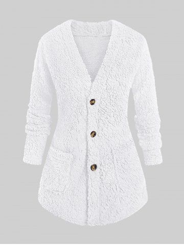 Plus Size Patch Pocket Fluffy Teddy Coat - WHITE - L