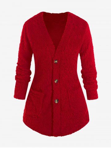 Plus Size Patch Pocket Fluffy Teddy Coat - RED - 2XL