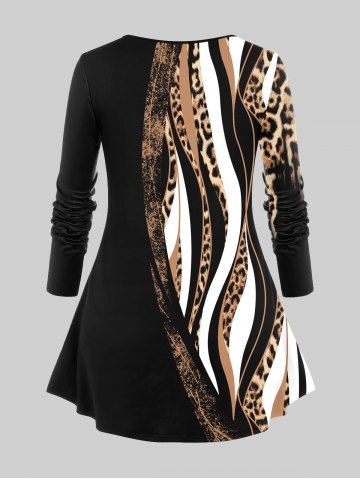 Leopard Panel Colorblock Long Sleeve T-shirt and Leggings Plus Size Matching Set