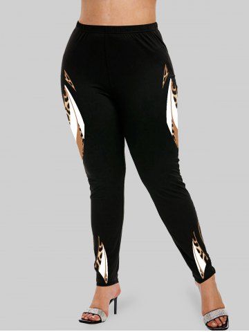 Leopard Panel Colorblock Long Sleeve T-shirt and Leggings Plus Size Matching Set