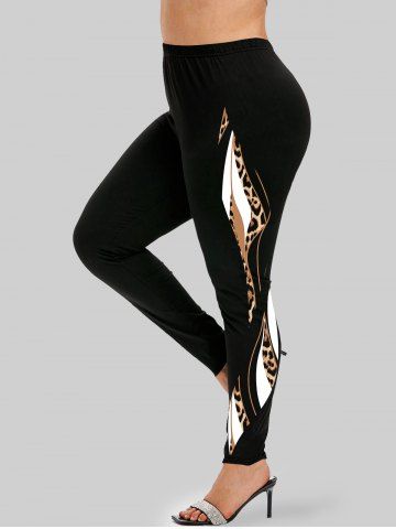 Leopard Panel Colorblock Long Sleeve T-shirt and Leggings Plus Size Matching Set