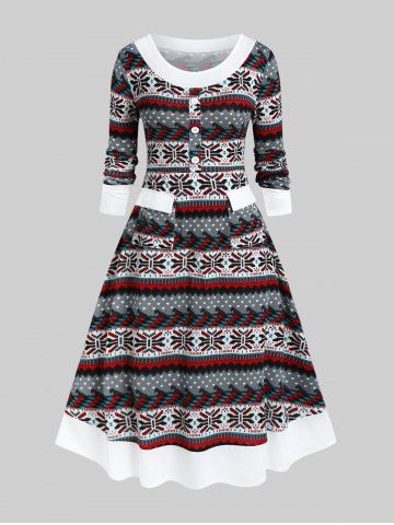 Plus Size Christmas Patterns Flap Pocket Midi Knit Dress - LIGHT GRAY - 4X | US 26-28