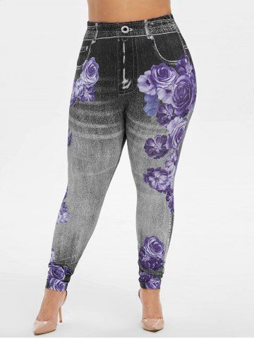 Plus Size High Waist Floral Print 3D Jeggings