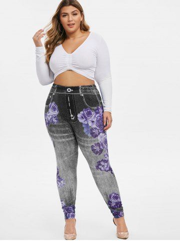 Plus Size High Waist Floral Print 3D Jeggings