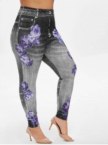 Plus Size High Waist Floral Print 3D Jeggings