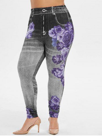Plus Size High Waist Floral Print 3D Jeggings