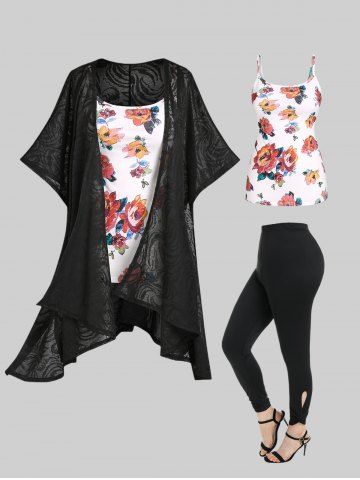 Asymmetric Cardigan with Floral Camisole and Cutout Twist Leggings Plus Size Fall Outfit - BLACK