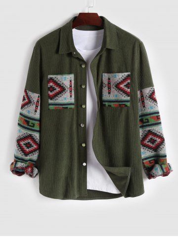 Corduroy Ethnic Print Spliced Shacket - DEEP GREEN - S