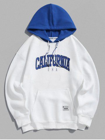 Colorblock Hooded Letter CALIFORNIA Pattern Hoodie - WHITE - XXL