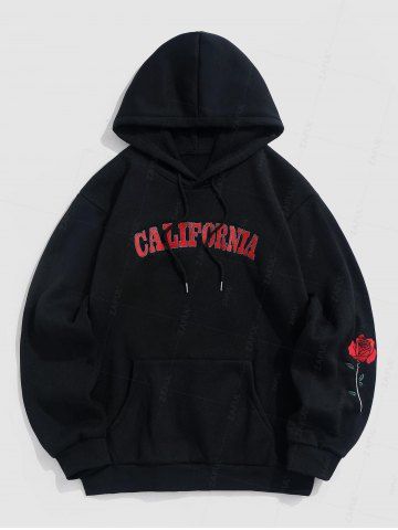 Rose Print Fleece Lining Hoodie - BLACK - S