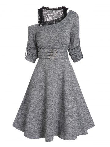 Skew Neck Skull Lace Mini A Line Knit Dress - GRAY - M