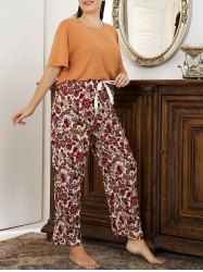 Plus Size Solid Tee and Flower Printed Pants Pajamas Set - 2xl 