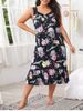 Plus Size Floral Printed Lace Trim Flounce Midi Sleep Dress -  