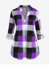 Plus Size Block Plaid Rolled Sleeve Blouse -  