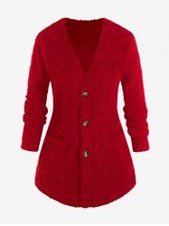 Manteau Fourré de Grande Taille avec Poche - Rouge 2XL