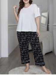 Plus Size V Neck Tee and Letters Pants Pajama Set -  
