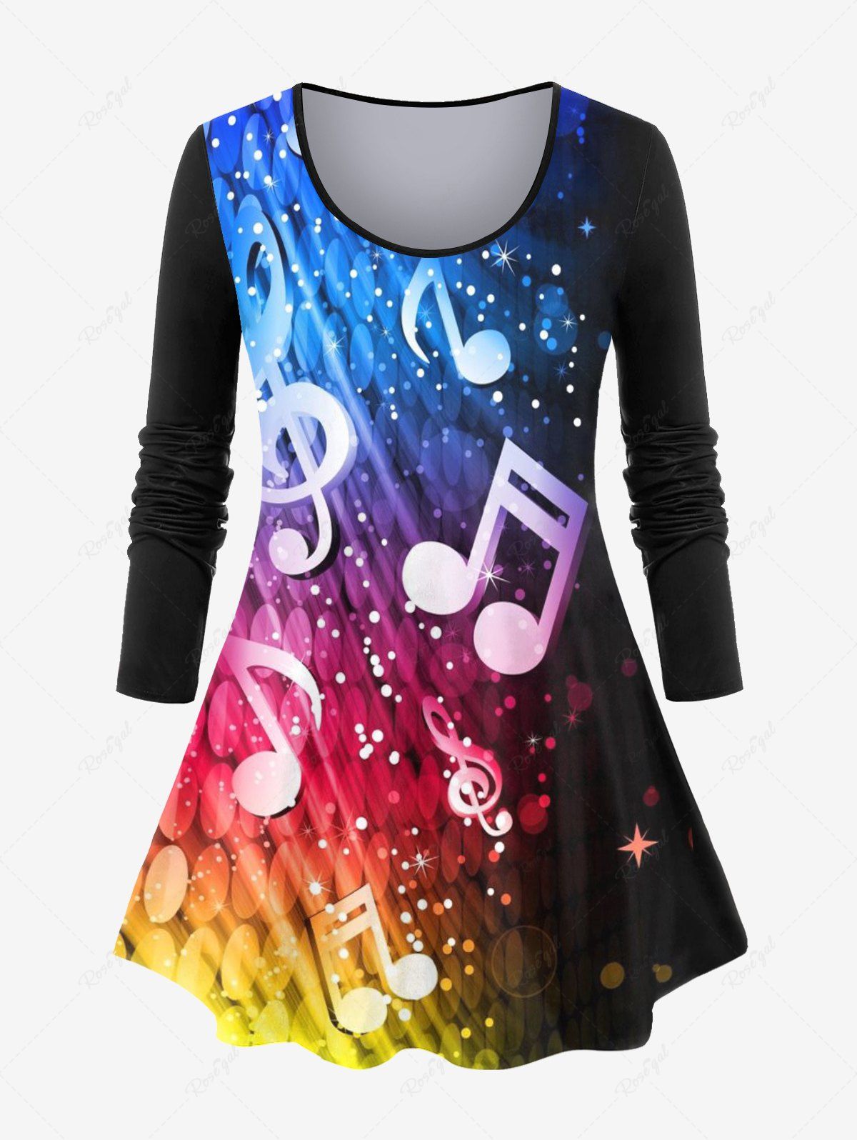 Shop Plus Size Colorful Musical Note Print Long Sleeve T-shirt  