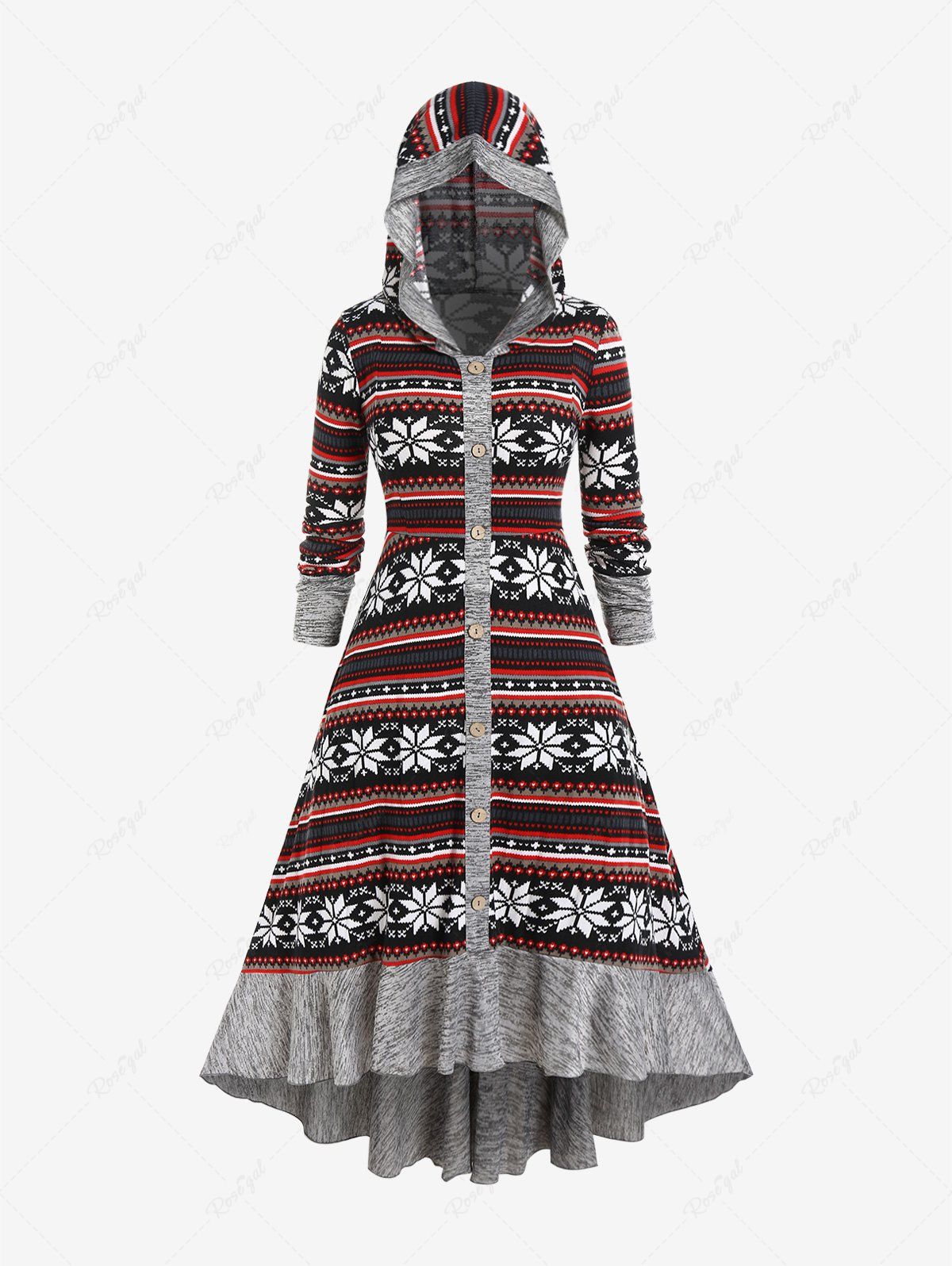 Cheap Plus Size Hooded Christmas Patterns Flounce High Low Knit Dress  