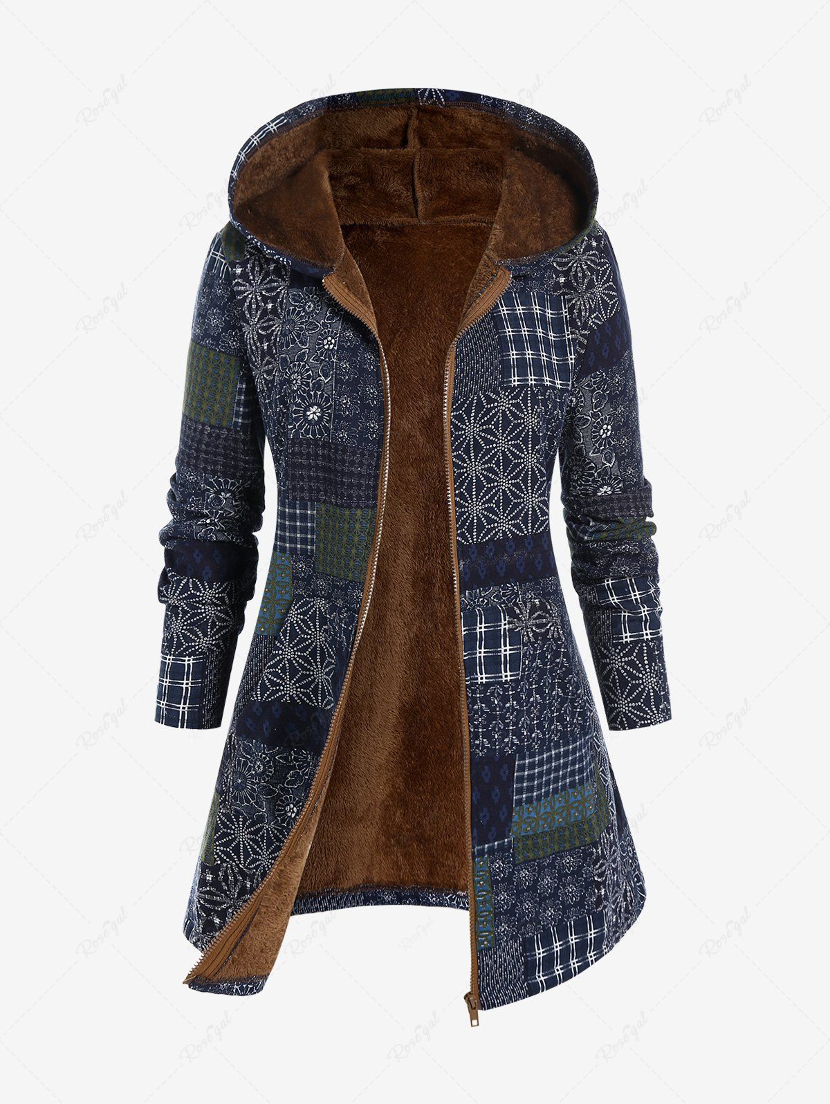 Store Plus Size Patchwork Print Hooded Fleece Lined Coat  