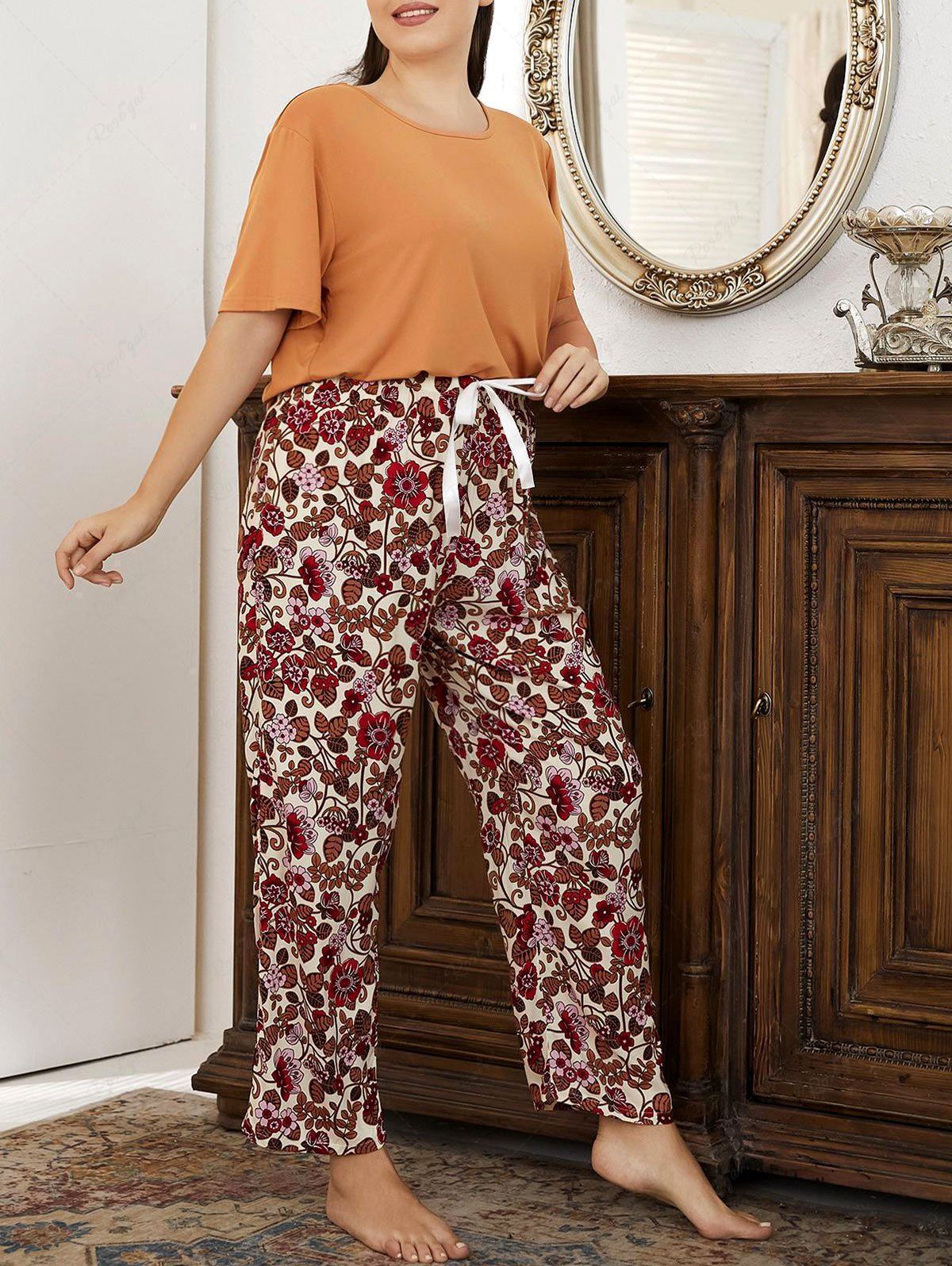 Best Plus Size Solid Tee and Flower Printed Pants Pajamas Set  