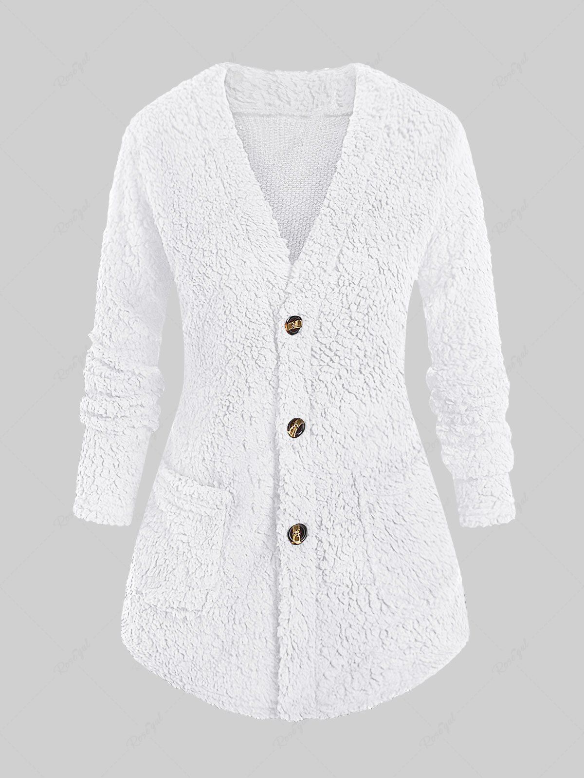 Chic Plus Size Patch Pocket Fluffy Teddy Coat  
