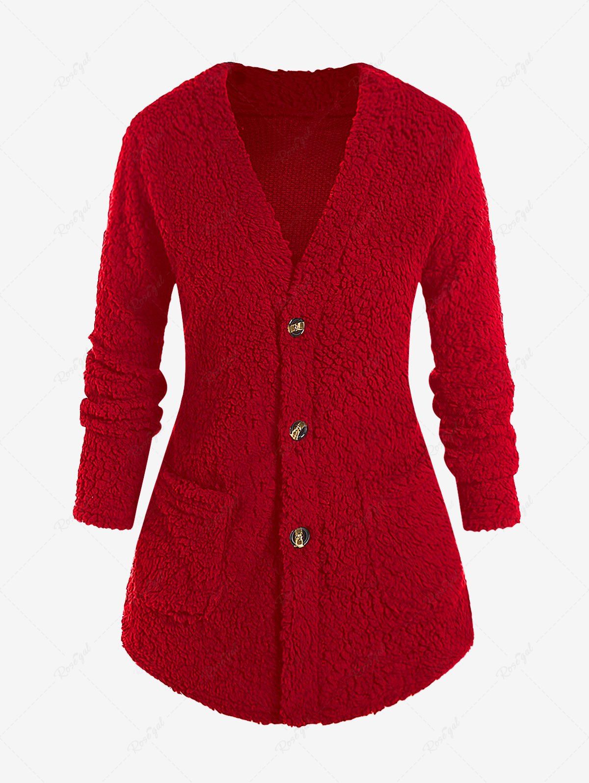 Manteau Fourré de Grande Taille avec Poche Rouge 2XL