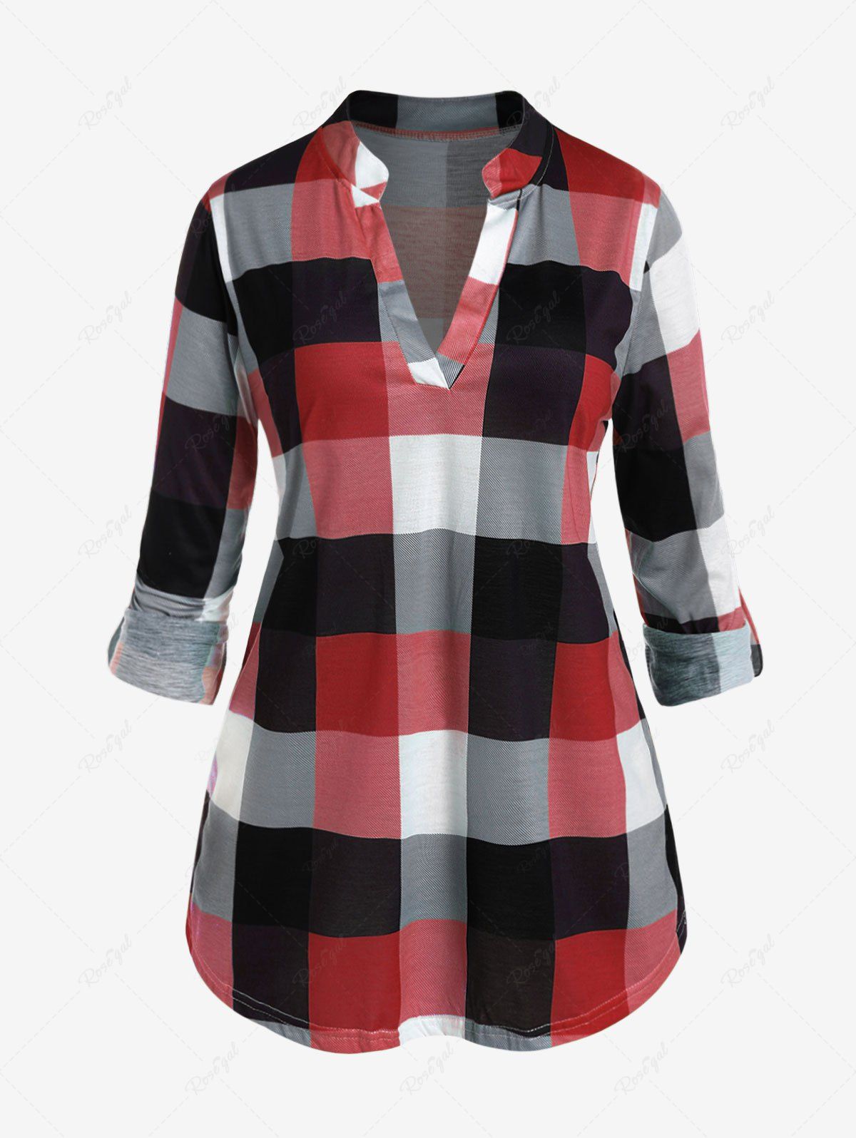 Trendy Plus Size Block Plaid Rolled Sleeve Blouse  