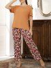 Plus Size Solid Tee and Flower Printed Pants Pajamas Set -  