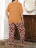 Plus Size Solid Tee and Flower Printed Pants Pajamas Set -  