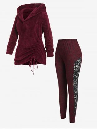 Button Placket Fluffy Cinched Hoodie and Lace Insert Space Dye Leggings Plus Size Outerwear Outfit