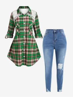 Plus Size Roll Up Sleeve Plaid Shirt and Ripped Frayed Hem Jeans Fall Outfit - GREEN