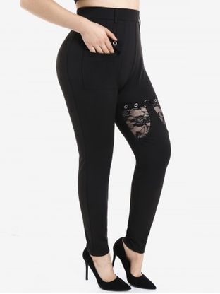 Gothic Lace Panel Grommet Flap Pocket Pull On Pants