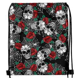 Gothic Spider Web Skull Rose Drawstring Backpack - BLACK