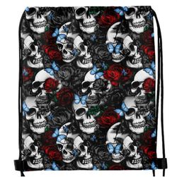 Gothic Butterfly Rose Skull Drawstring Backpack - BLACK