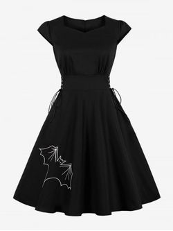 Halloween Vintage Bat Print Lace Up 1950s Pin Up Dress - BLACK - XL