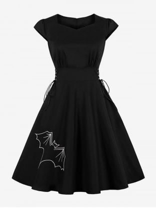 Halloween Vintage Bat Print Lace Up 1950s Pin Up Dress