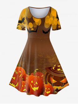 Robe D'Halloween Vintage Linge A à Imprimé Citrouille Cadeau et Chauve-souris  - COFFEE - 5X | US 30-32
