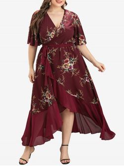 Plus Size Plunge Floral Print Flounce High Low Maxi Dress - DEEP RED - XL