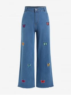 Plus Size Butterfly Embroidered Frayed Wide Leg Jeans - DEEP BLUE - 2XL