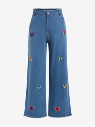 Plus Size Butterfly Embroidered Frayed Wide Leg Jeans