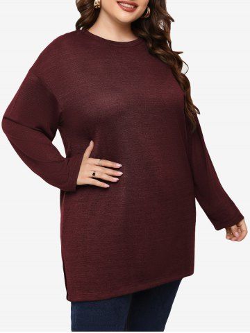 Plus Size Drop Shoulder Solid Color Slit Tunic Knit Top - DEEP RED - 3XL