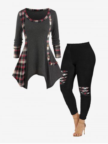 Plaid Handkerchief Tee and 3D Ripped Leggings Plus Size Outfit - GRAY