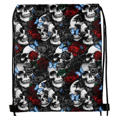 Gothic Butterfly Rose Skull Drawstring Backpack - BLACK