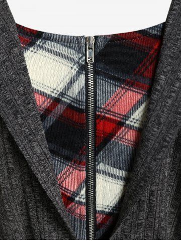 Plus Size Plaid Zipper Fly Hooded Long Sleeves Twofer Coat