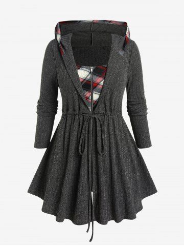 Plus Size Plaid Zipper Fly Hooded Long Sleeves Twofer Coat