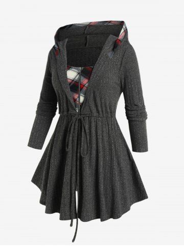 Plus Size Plaid Zipper Fly Hooded Long Sleeves Twofer Coat
