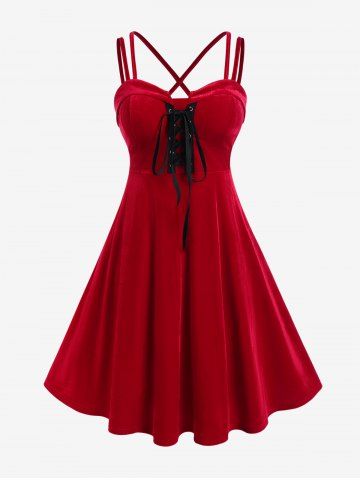 Plus Size Lace-up Crisscross Vintage Velvet Fit and Flare Dress - RED - L | US 12