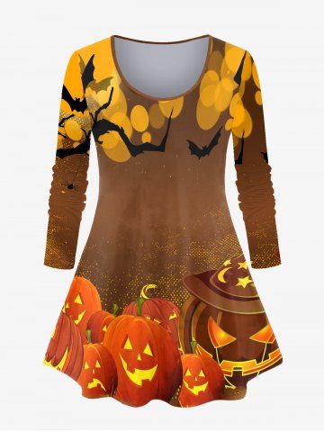 Halloween Pumpkin Bat 3D Sparkles Printed Long Sleeves Tee - COFFEE - 5X | US 30-32