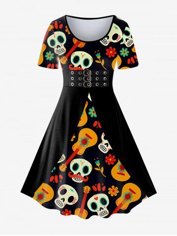 Plus Size Floral Skull Guitar 3D Print Vintage Dress - BLACK - 1X | US 14-16