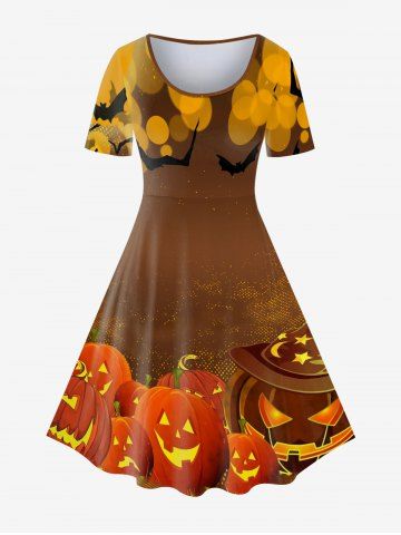 Robe D'Halloween Vintage Linge A à Imprimé Citrouille Cadeau et Chauve-souris  - COFFEE - 3X | US 22-24